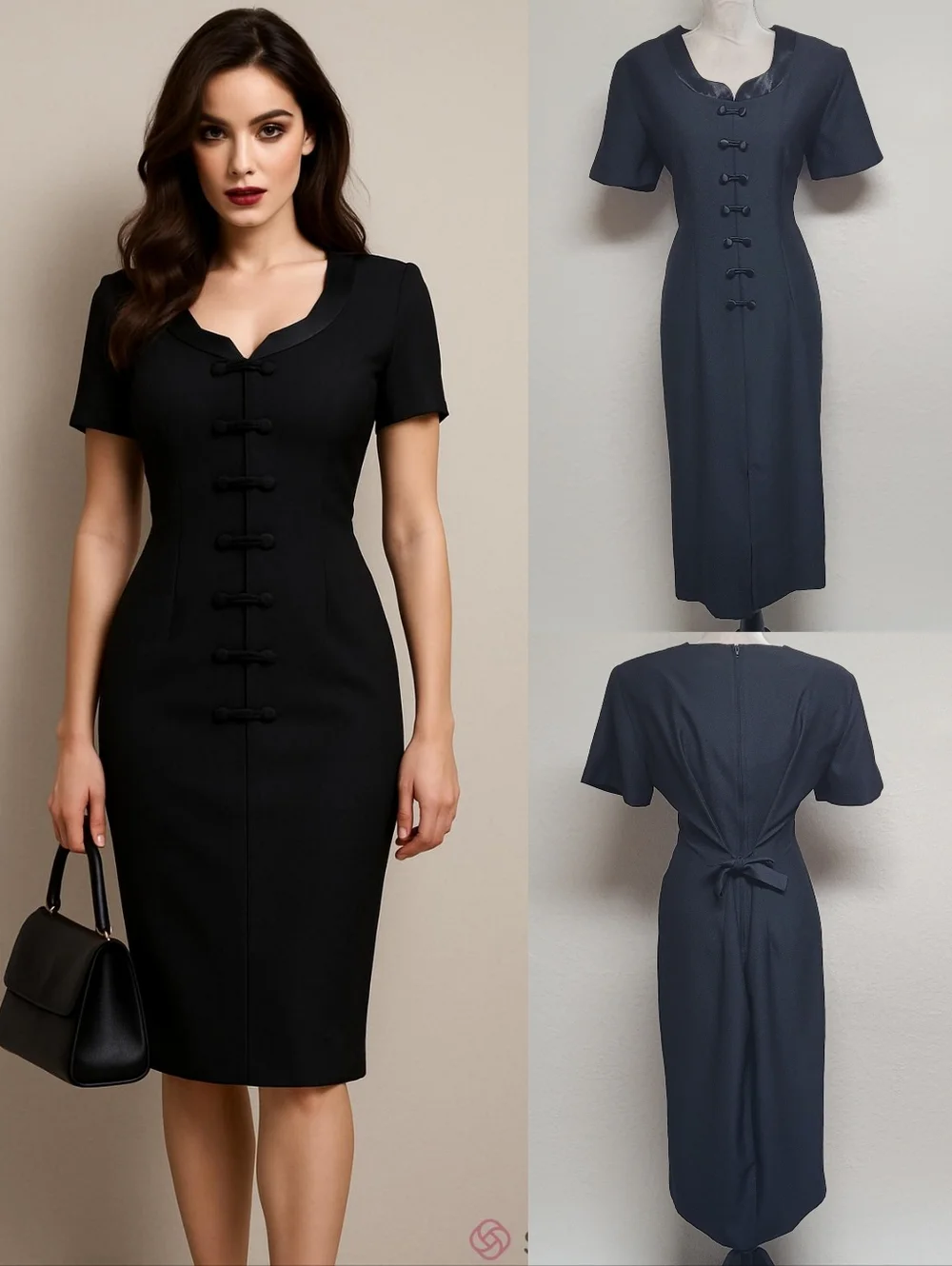 90s Vintage Miss Scarlett Black Satin Crepe Frog Clasp Closure Midi Wiggle Dress - Picture 1 of 11